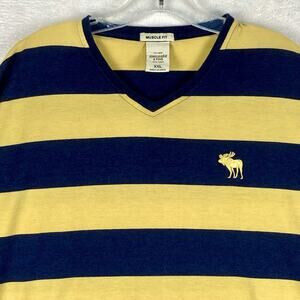 VTG Y2K Abercrombie Fitch V-Neck Shirt Mens XXL Yellow Navy Rugby Striped Preppy